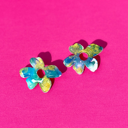 Floral Statement Studs Blue and Gold Clay