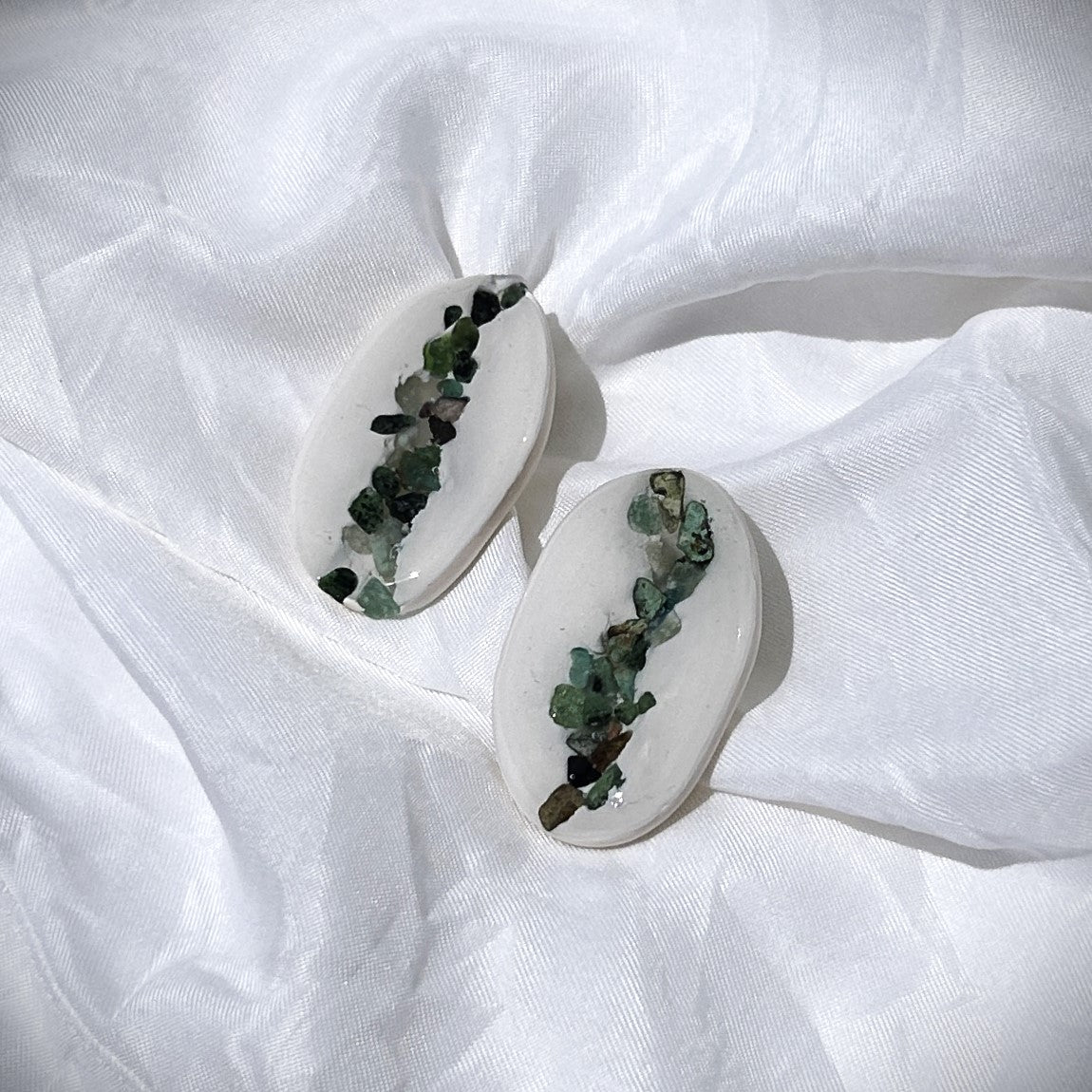 Epidote Stone Polymer Clay White and Green Statement Stud Earrings - Ollimay and Co